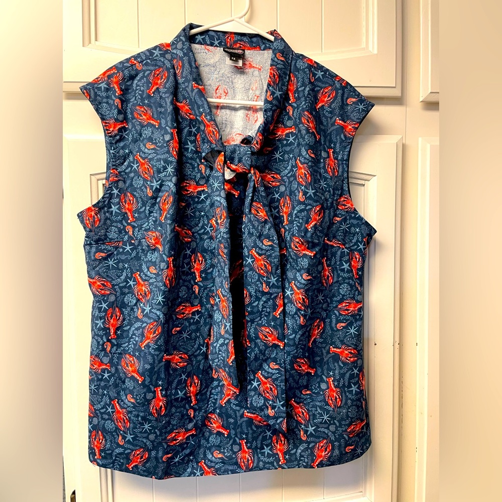 Retrolicious bow sleeveless blouse with lobster pattern. Funny but professional!